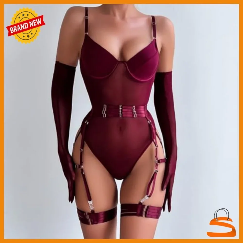 Mesh Bodysuit with Garter Belt and Gloves, Adjustable Straps, Snap Crotch